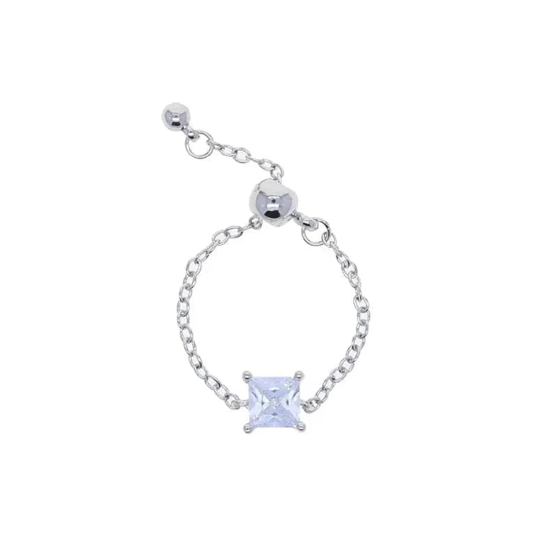 Resizable / Y-Silver-Square Fashion Thin Link Chain Ring Circle Square Tear Drop 5A CZ Adjustable Ring Wedding Engagement Women Jewelry