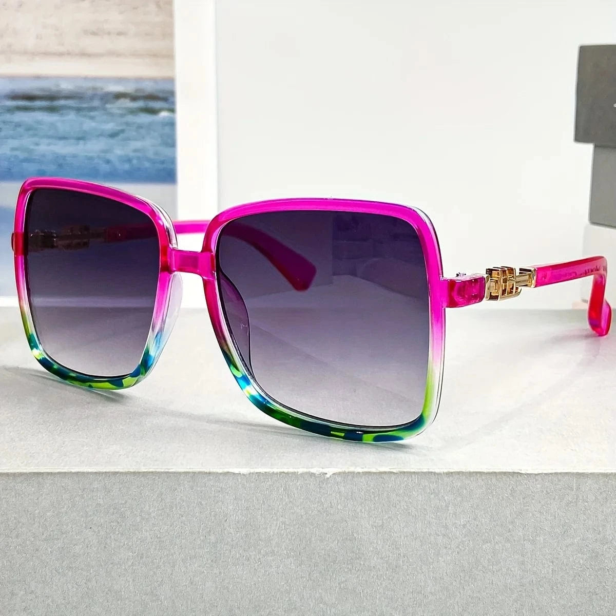 Retro 1970s Oversized Square Fashion Glasses - Blue & Pink Gradient Lenses, Metal Frame Unisex Fashion Glasses for Women