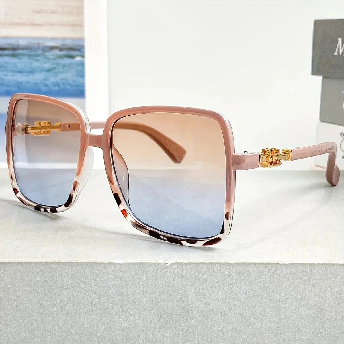 Retro 1970s Oversized Square Fashion Glasses - Blue & Pink Gradient Lenses, Metal Frame Unisex Fashion Glasses for Women