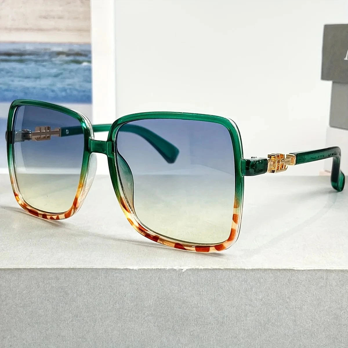 Retro 1970s Oversized Square Fashion Glasses - Blue & Pink Gradient Lenses, Metal Frame Unisex Fashion Glasses for Women