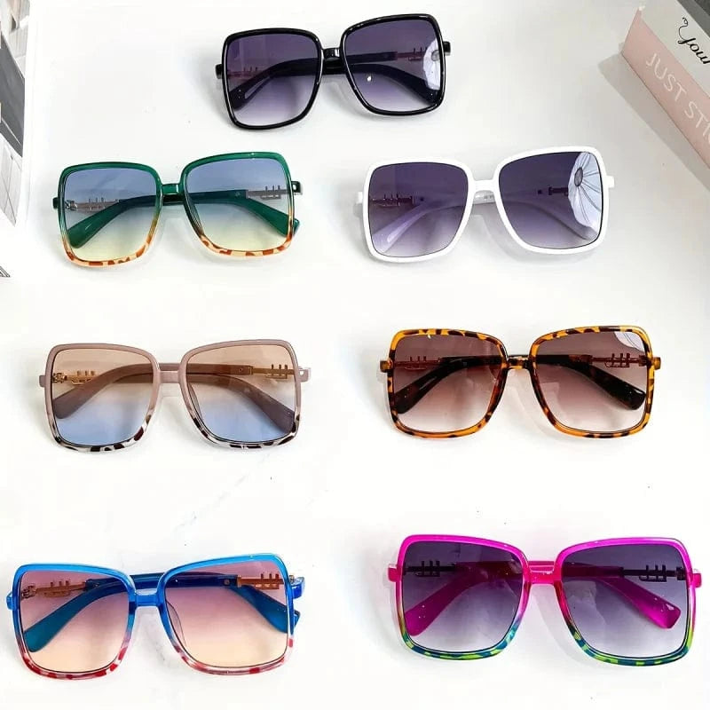 Retro 1970s Oversized Square Fashion Glasses - Blue & Pink Gradient Lenses, Metal Frame Unisex Fashion Glasses for Women