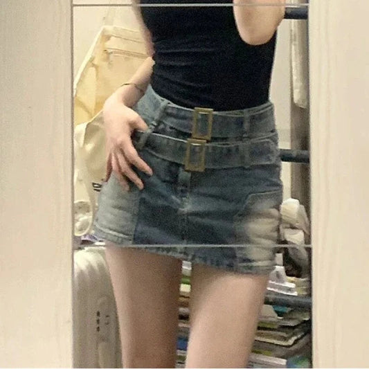 Retro blue / M American retro washed and ground white double belt design denim skirt women loose anti-exposure belt lined hip skirt pants