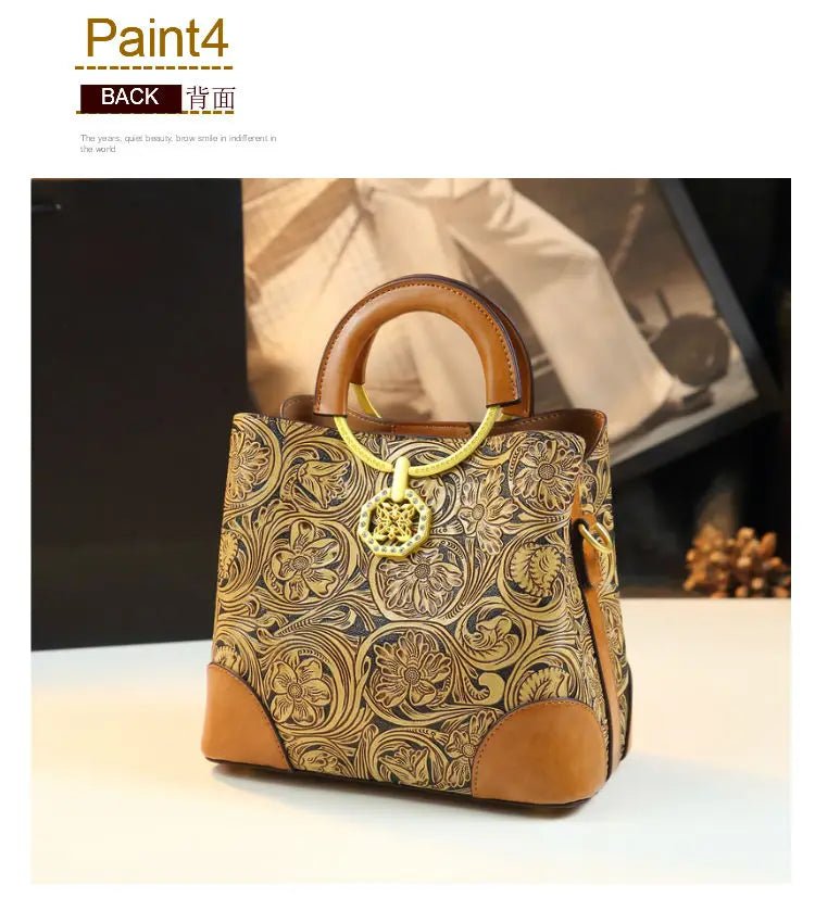 Retro Cowhine Carved Women Bag Handhold Bucket Leather Commuting Shoulder Underarm Crossbody Bags for Women - SN Wigs & More