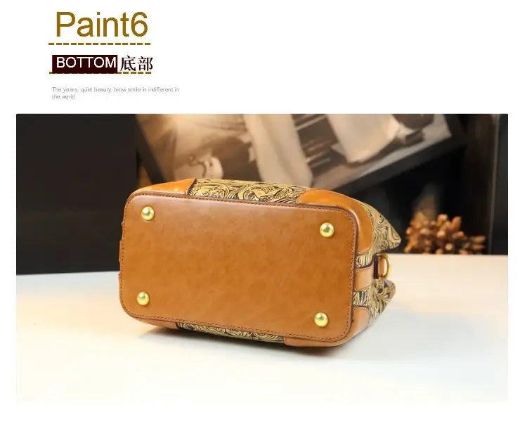 Retro Cowhine Carved Women Bag Handhold Bucket Leather Commuting Shoulder Underarm Crossbody Bags for Women - SN Wigs & More