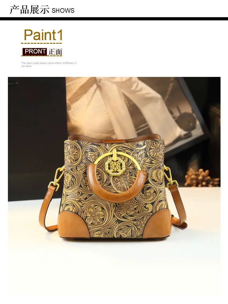 Retro Cowhine Carved Women Bag Handhold Bucket Leather Commuting Shoulder Underarm Crossbody Bags for Women - SN Wigs & More