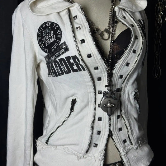 Retro Dark Style Zipper Hoodie Y2K Clothes Mens Womens Hip Hop Skull Patch Embroidery White Oversized Sweatshirt Casual Jacket