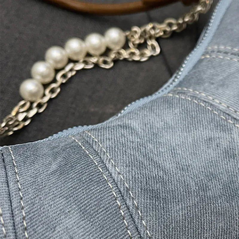 Retro Denim Dumpling Bag Creative Horn Design Pearl Pendant Messenger Bag Brand High - grade Leather Ladies Versatile Shoulder Bag - SN Wigs & More