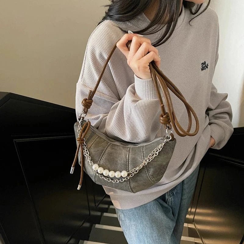 Retro Denim Dumpling Bag Creative Horn Design Pearl Pendant Messenger Bag Brand High - grade Leather Ladies Versatile Shoulder Bag - SN Wigs & More