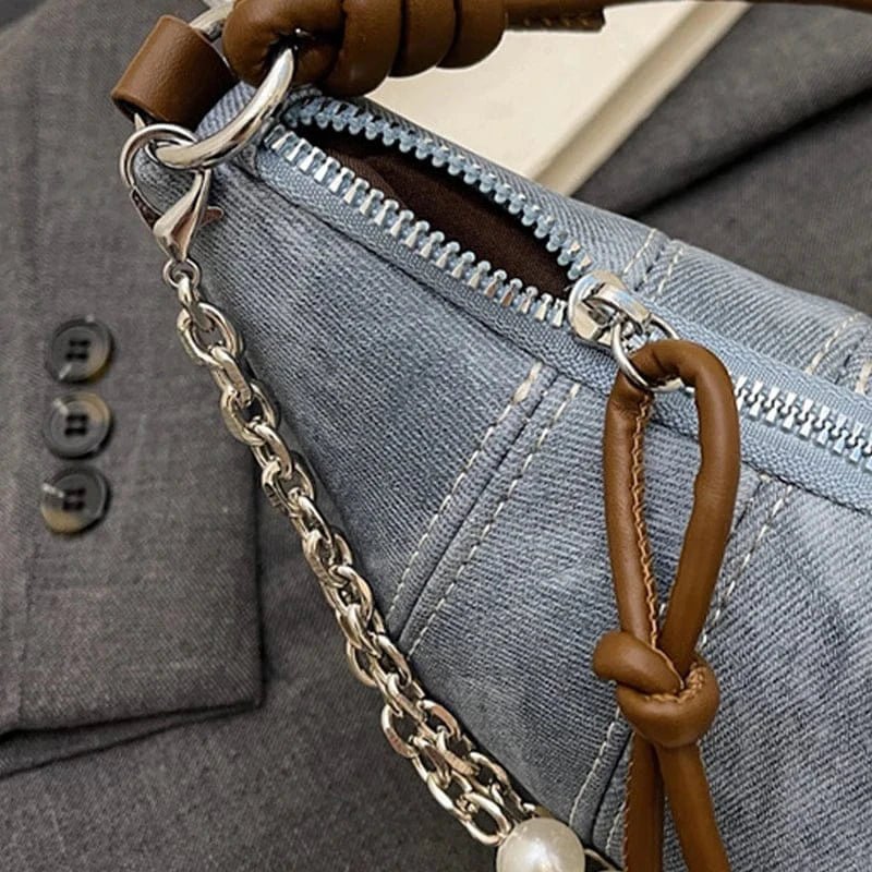 Retro Denim Dumpling Bag Creative Horn Design Pearl Pendant Messenger Bag Brand High - grade Leather Ladies Versatile Shoulder Bag - SN Wigs & More