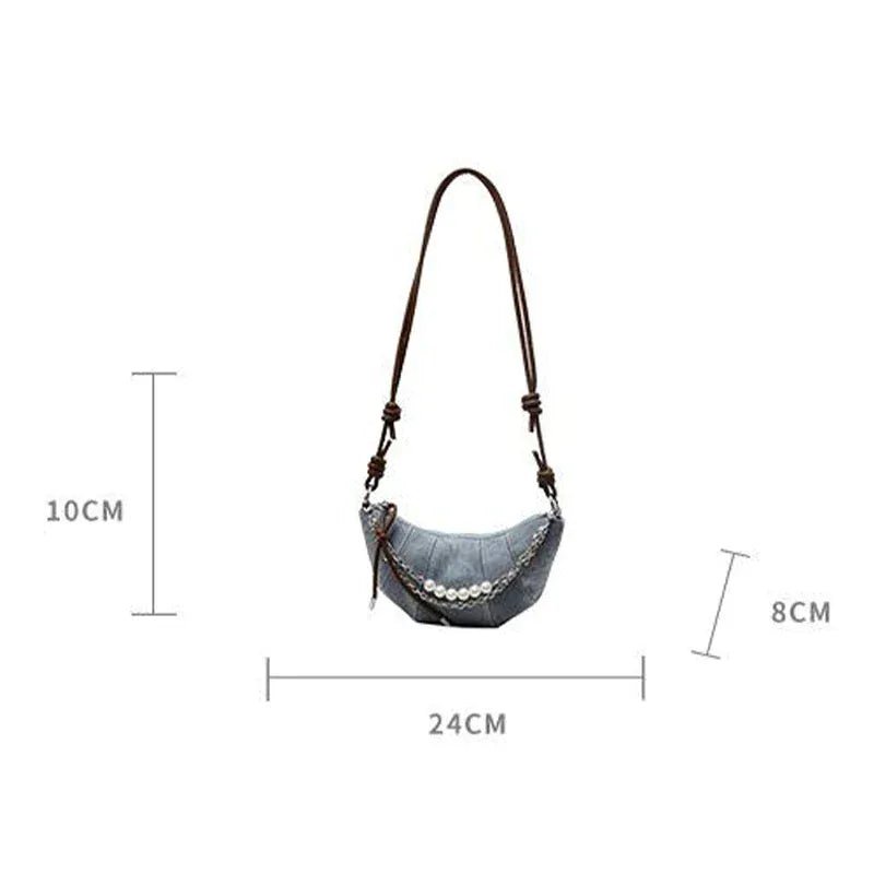 Retro Denim Dumpling Bag Creative Horn Design Pearl Pendant Messenger Bag Brand High - grade Leather Ladies Versatile Shoulder Bag - SN Wigs & More