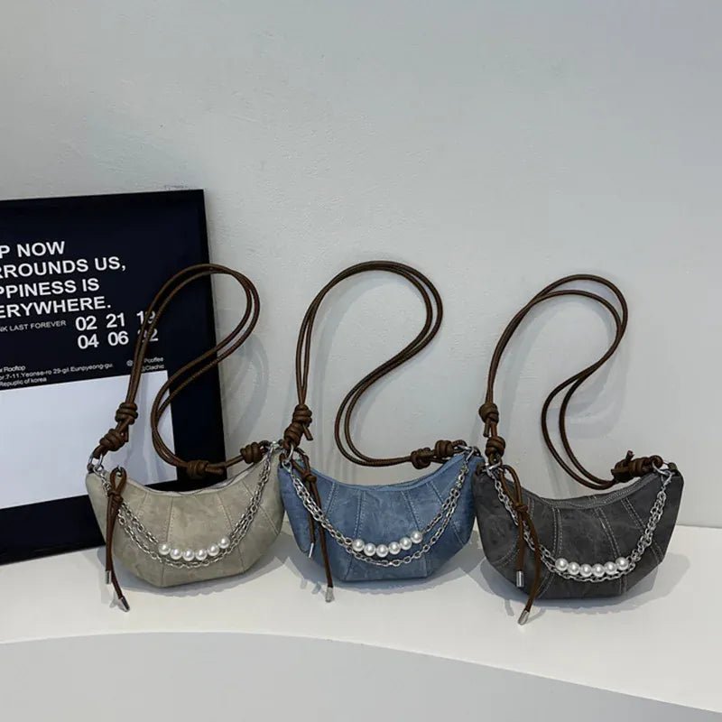 Retro Denim Dumpling Bag Creative Horn Design Pearl Pendant Messenger Bag Brand High - grade Leather Ladies Versatile Shoulder Bag - SN Wigs & More