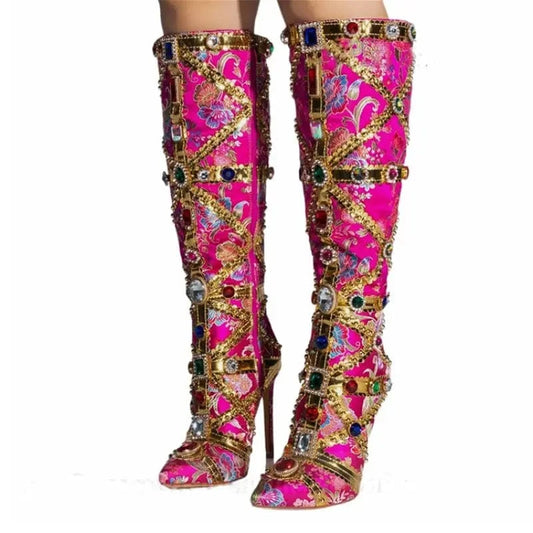 Retro Fashion Botas De Cano Alto Pencil Heel Shoes Knee High Diamond Luxury Boots for Women