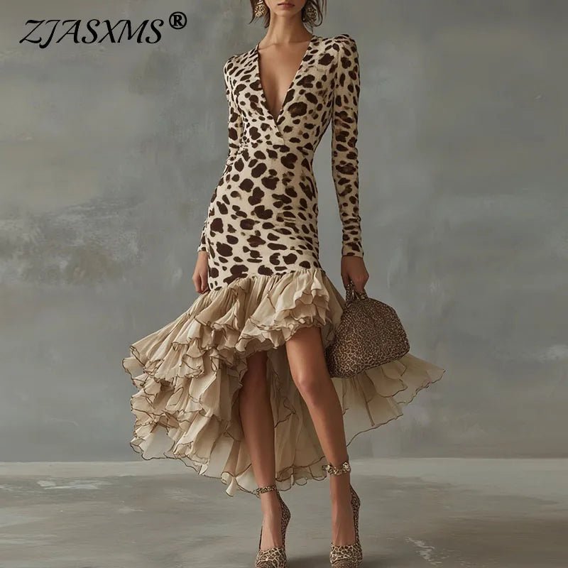 Retro Leopard Print Spliced Mesh Ruffle Dress Woman Sexy V Neck Slim Irregular Long Dresses Fall Long Sleeve Gowns Evening Dress - SN Wigs & More