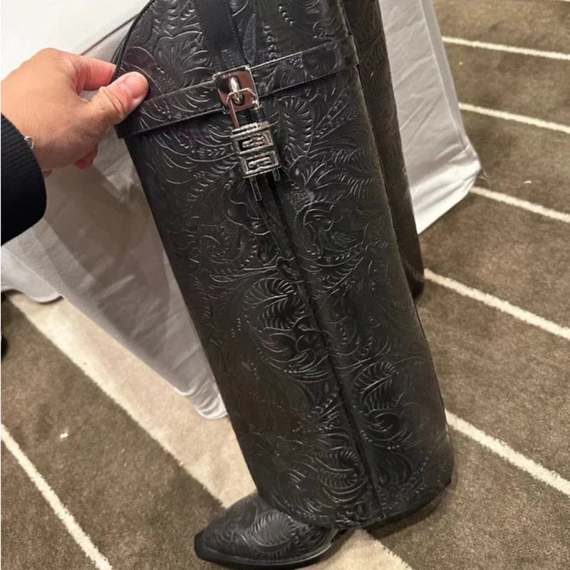 Retro Patent Overlay Knee High Boots Women Wedge Heels Shoes Folded Over Upper Pointed toe Metal Shark Lock Booties