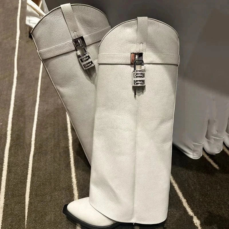 Retro Patent Overlay Knee High Boots Women Wedge Heels Shoes Folded Over Upper Pointed toe Metal Shark Lock Booties