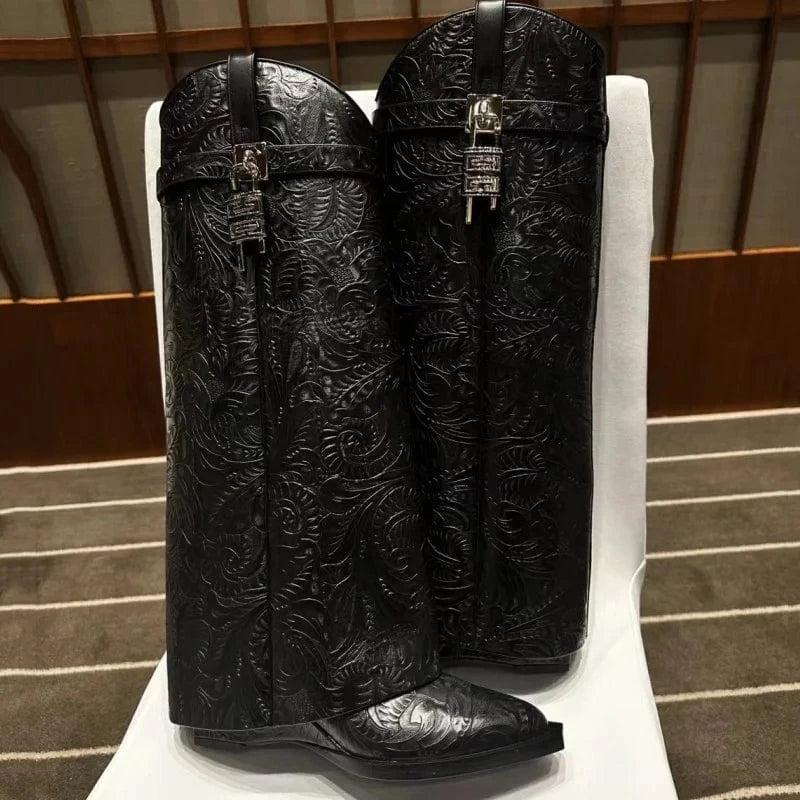 Retro Patent Overlay Knee High Boots Women Wedge Heels Shoes Folded Over Upper Pointed toe Metal Shark Lock Booties