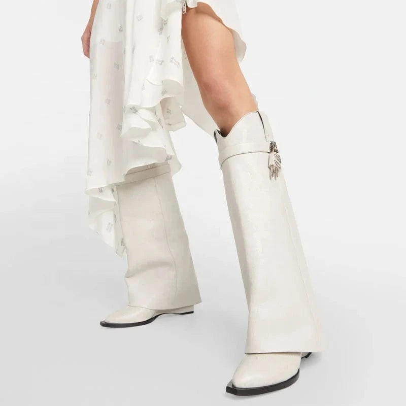 Retro Patent Overlay Knee High Boots Women Wedge Heels Shoes Folded Over Upper Pointed toe Metal Shark Lock Booties