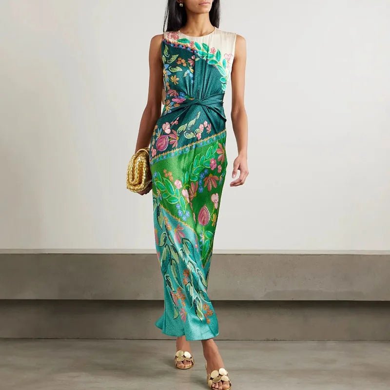 Retro Printed Satin Twisted Dress for Women Summer New Casual O Neck Zippers Boho Dress Elegant Sleeveless Hollow Out Long Dress - SN Wigs & More