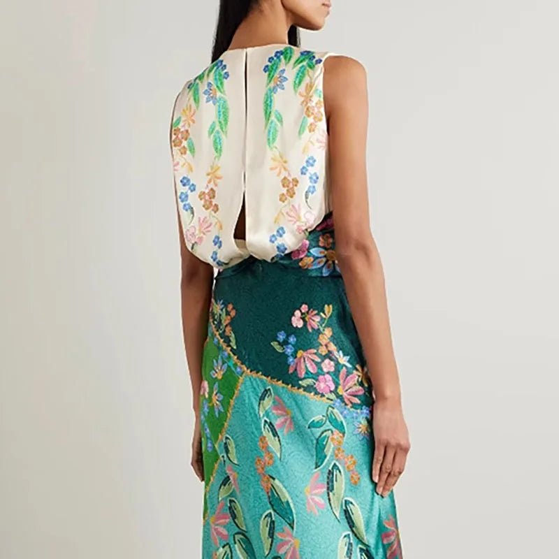 Retro Printed Satin Twisted Dress for Women Summer New Casual O Neck Zippers Boho Dress Elegant Sleeveless Hollow Out Long Dress - SN Wigs & More