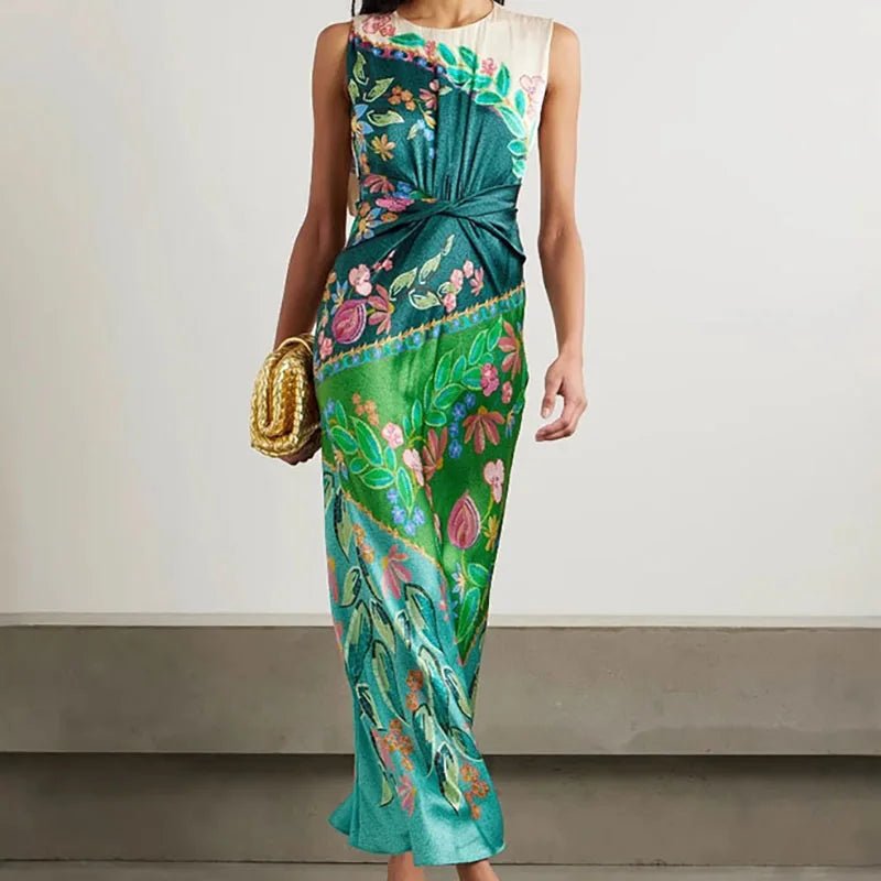 Retro Printed Satin Twisted Dress for Women Summer New Casual O Neck Zippers Boho Dress Elegant Sleeveless Hollow Out Long Dress - SN Wigs & More