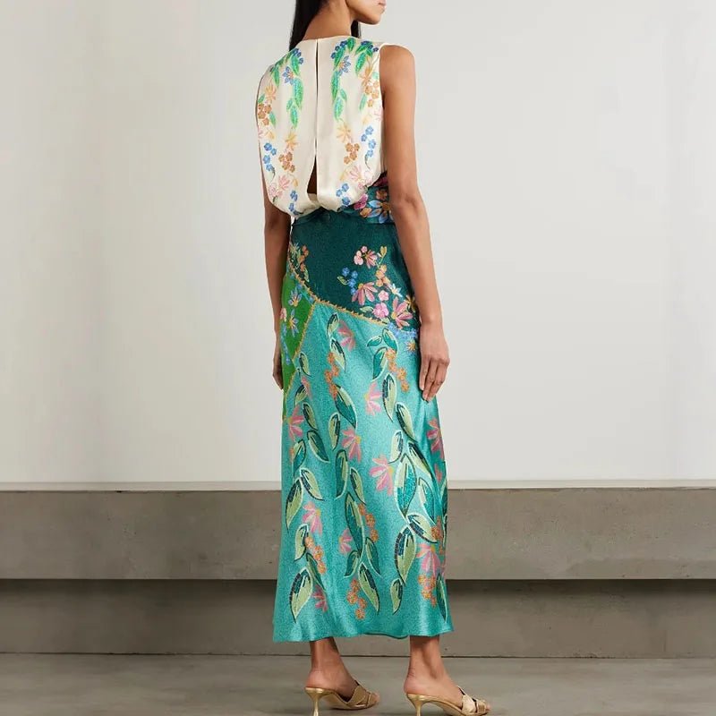 Retro Printed Satin Twisted Dress for Women Summer New Casual O Neck Zippers Boho Dress Elegant Sleeveless Hollow Out Long Dress - SN Wigs & More