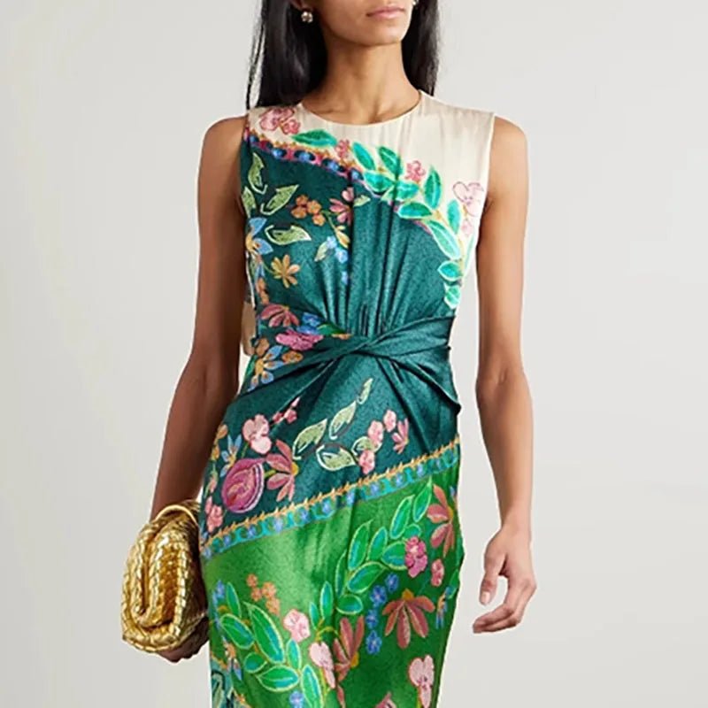 Retro Printed Satin Twisted Dress for Women Summer New Casual O Neck Zippers Boho Dress Elegant Sleeveless Hollow Out Long Dress - SN Wigs & More