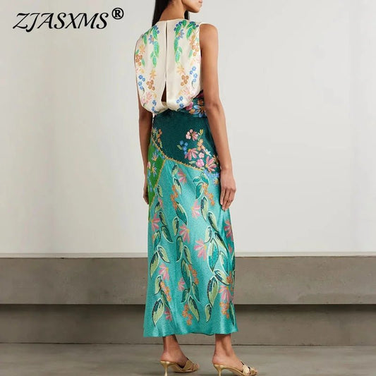 Retro Printed Satin Twisted Dress for Women Summer New Casual O Neck Zippers Boho Dress Elegant Sleeveless Hollow Out Long Dress - SN Wigs & More