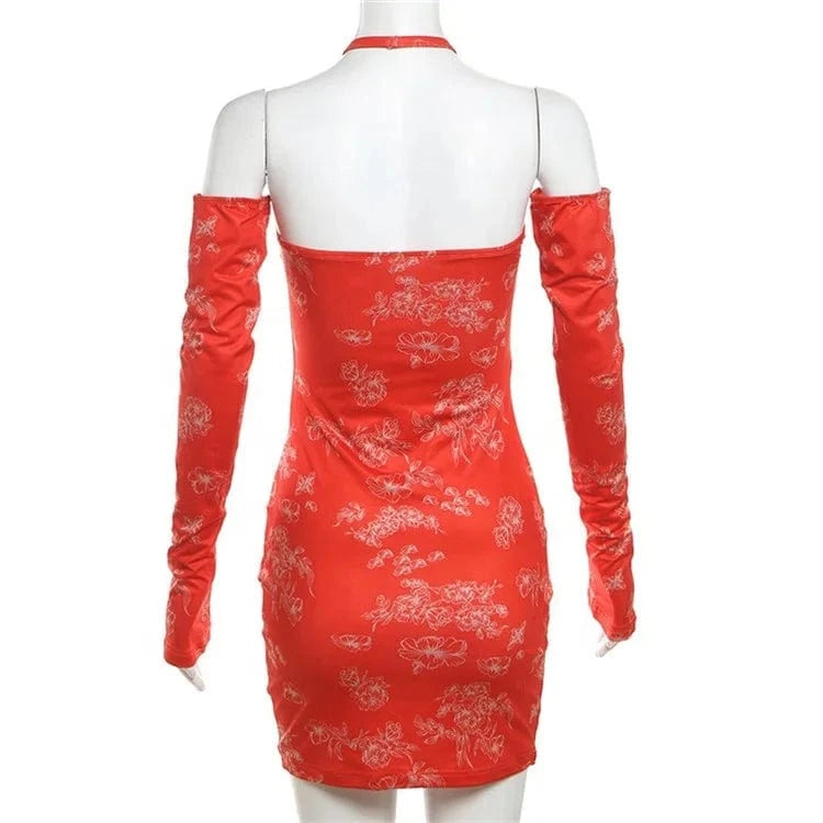 Retro Red Floral Print Dresses for Women Spring 2024 Off Shoulder Long Sleeve Mini Dress Sexy Club Outfits