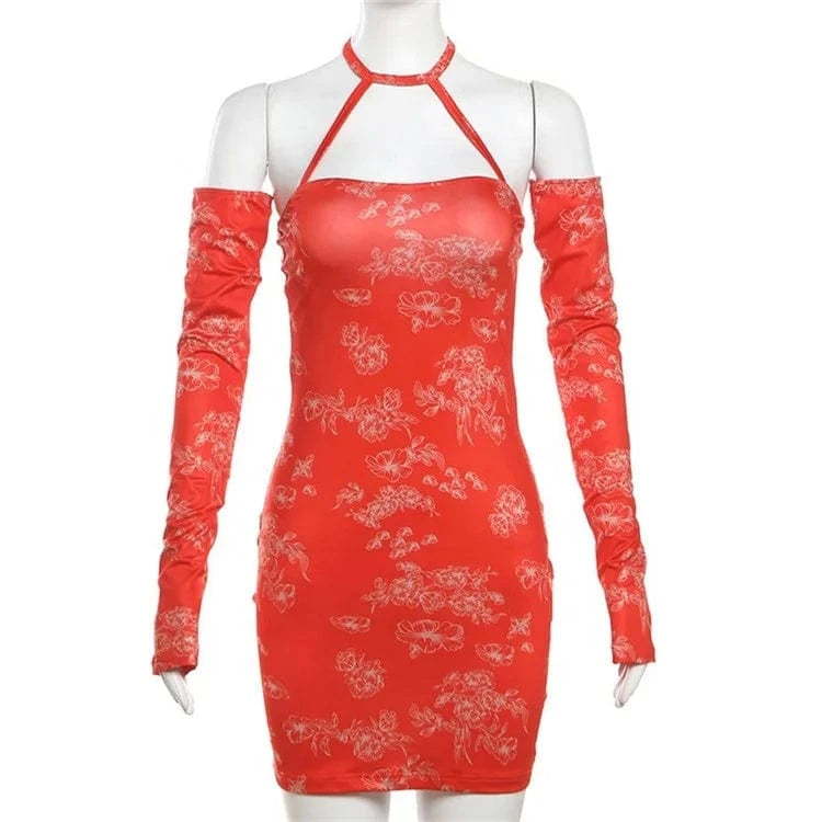 Retro Red Floral Print Dresses for Women Spring 2024 Off Shoulder Long Sleeve Mini Dress Sexy Club Outfits