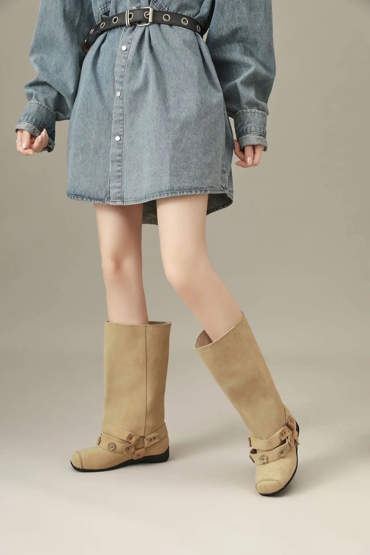 Retro Rivet Square Toe Women Boot Brand Design Korean Belt Buckle Mid - calf Boot Design Flower Decoration Wide - tube Knight Boot - SN Wigs & More