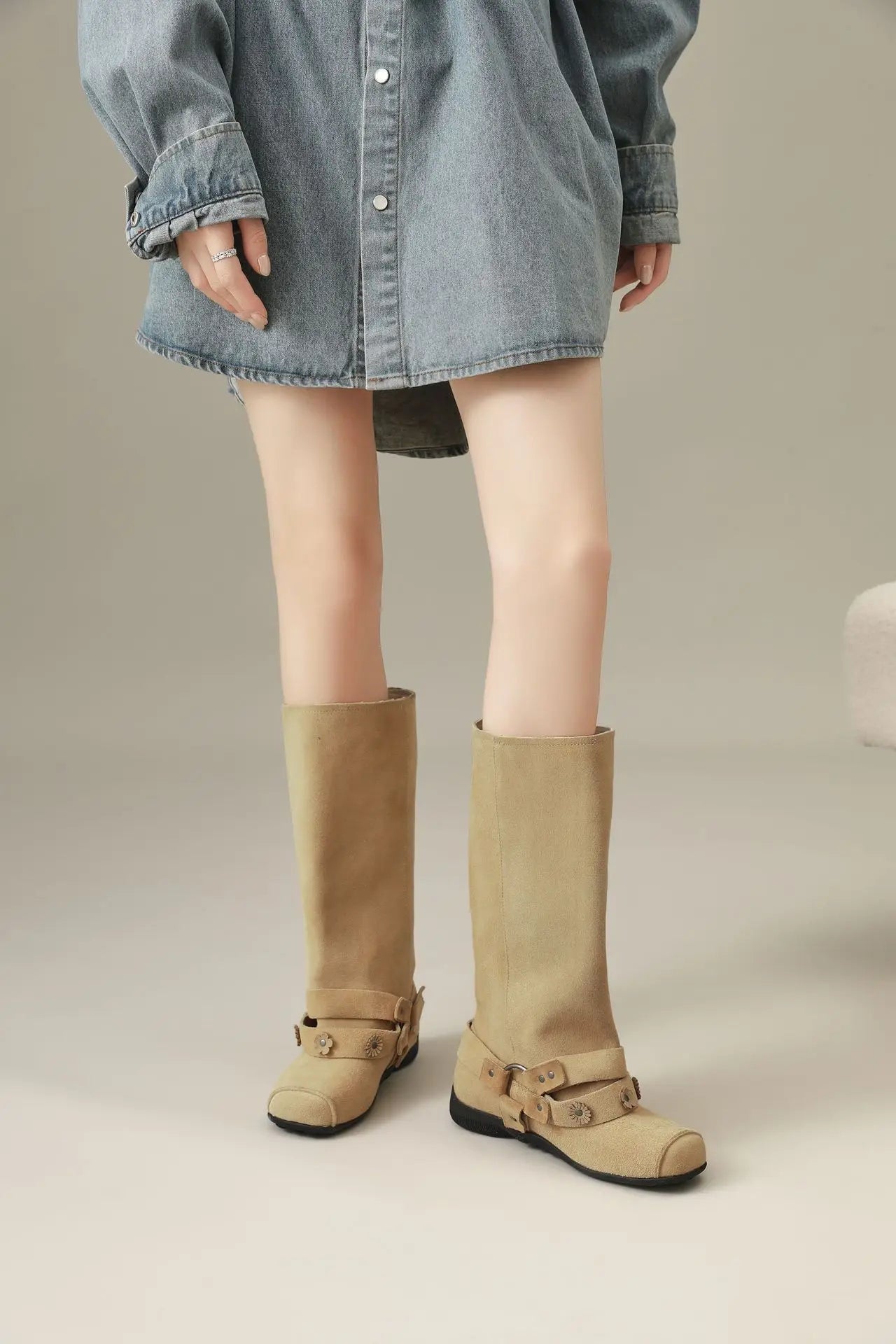 Retro Rivet Square Toe Women Boot Brand Design Korean Belt Buckle Mid - calf Boot Design Flower Decoration Wide - tube Knight Boot - SN Wigs & More