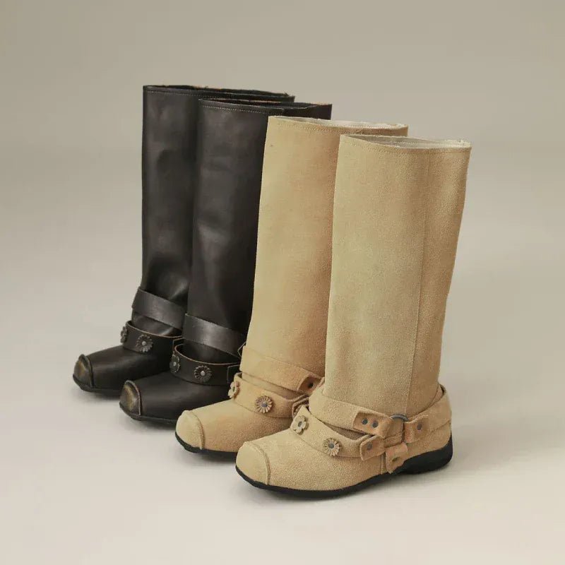 Retro Rivet Square Toe Women Boot Brand Design Korean Belt Buckle Mid - calf Boot Design Flower Decoration Wide - tube Knight Boot - SN Wigs & More