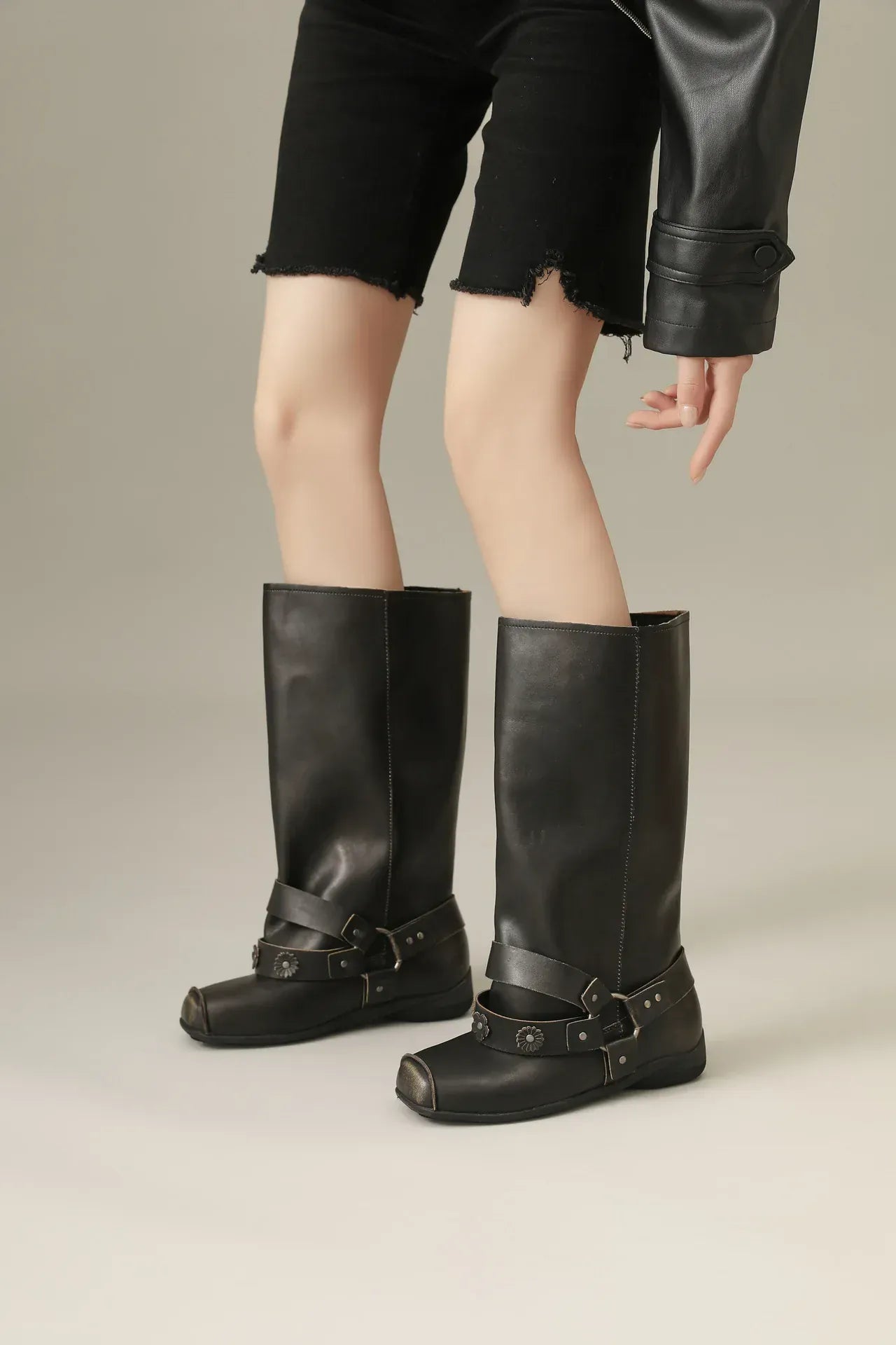 Retro Rivet Square Toe Women Boot Brand Design Korean Belt Buckle Mid - calf Boot Design Flower Decoration Wide - tube Knight Boot - SN Wigs & More