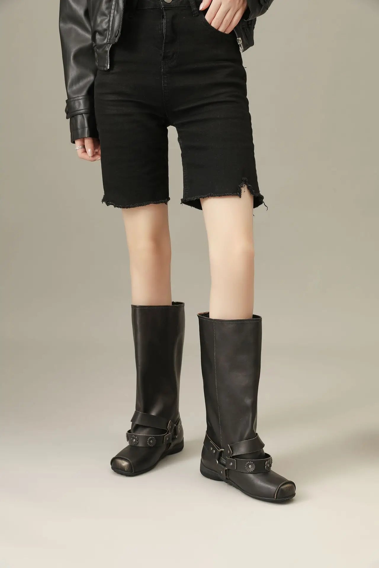 Retro Rivet Square Toe Women Boot Brand Design Korean Belt Buckle Mid - calf Boot Design Flower Decoration Wide - tube Knight Boot - SN Wigs & More