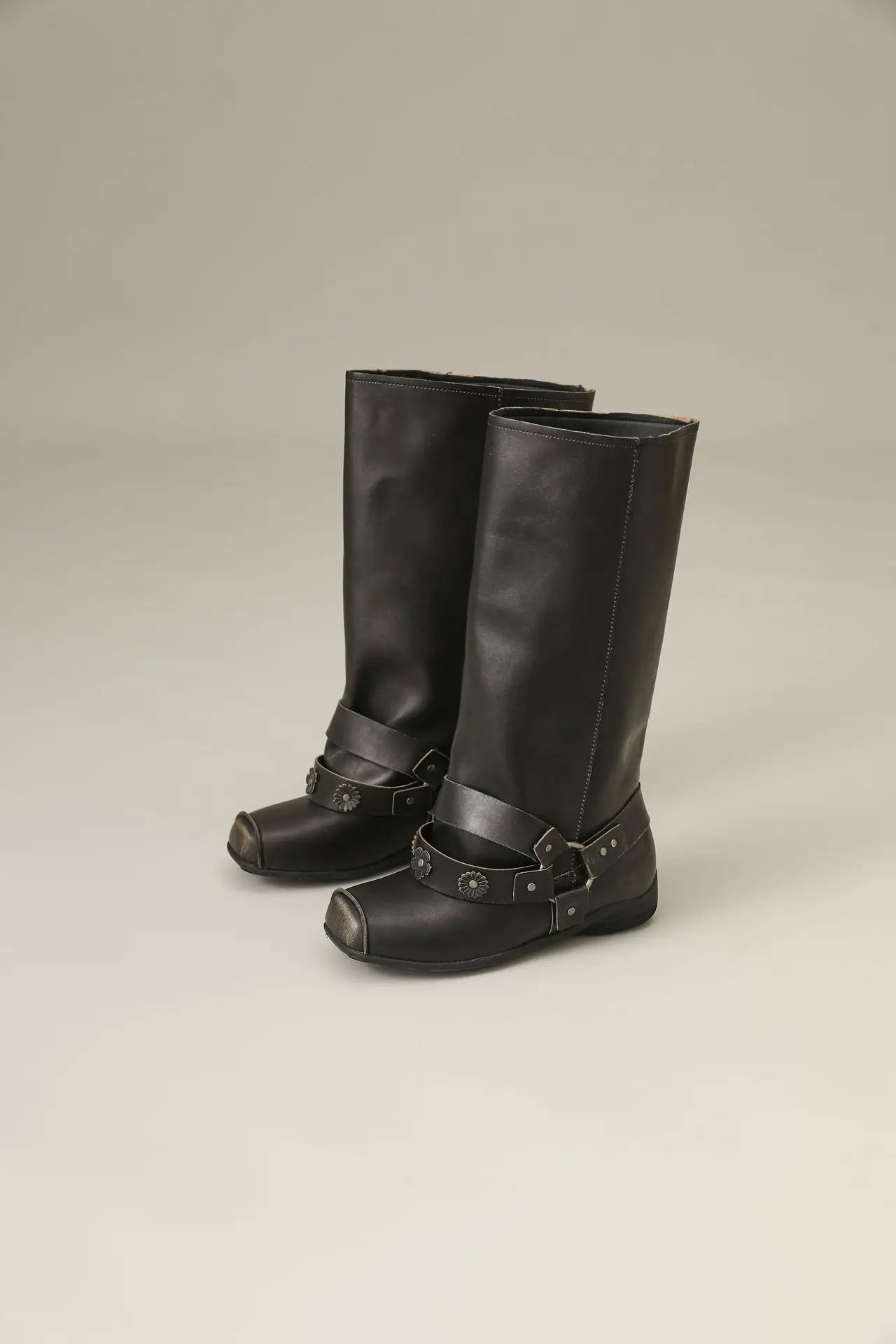 Retro Rivet Square Toe Women Boot Brand Design Korean Belt Buckle Mid - calf Boot Design Flower Decoration Wide - tube Knight Boot - SN Wigs & More