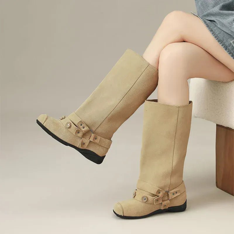 Retro Rivet Square Toe Women Boot Brand Design Korean Belt Buckle Mid - calf Boot Design Flower Decoration Wide - tube Knight Boot - SN Wigs & More