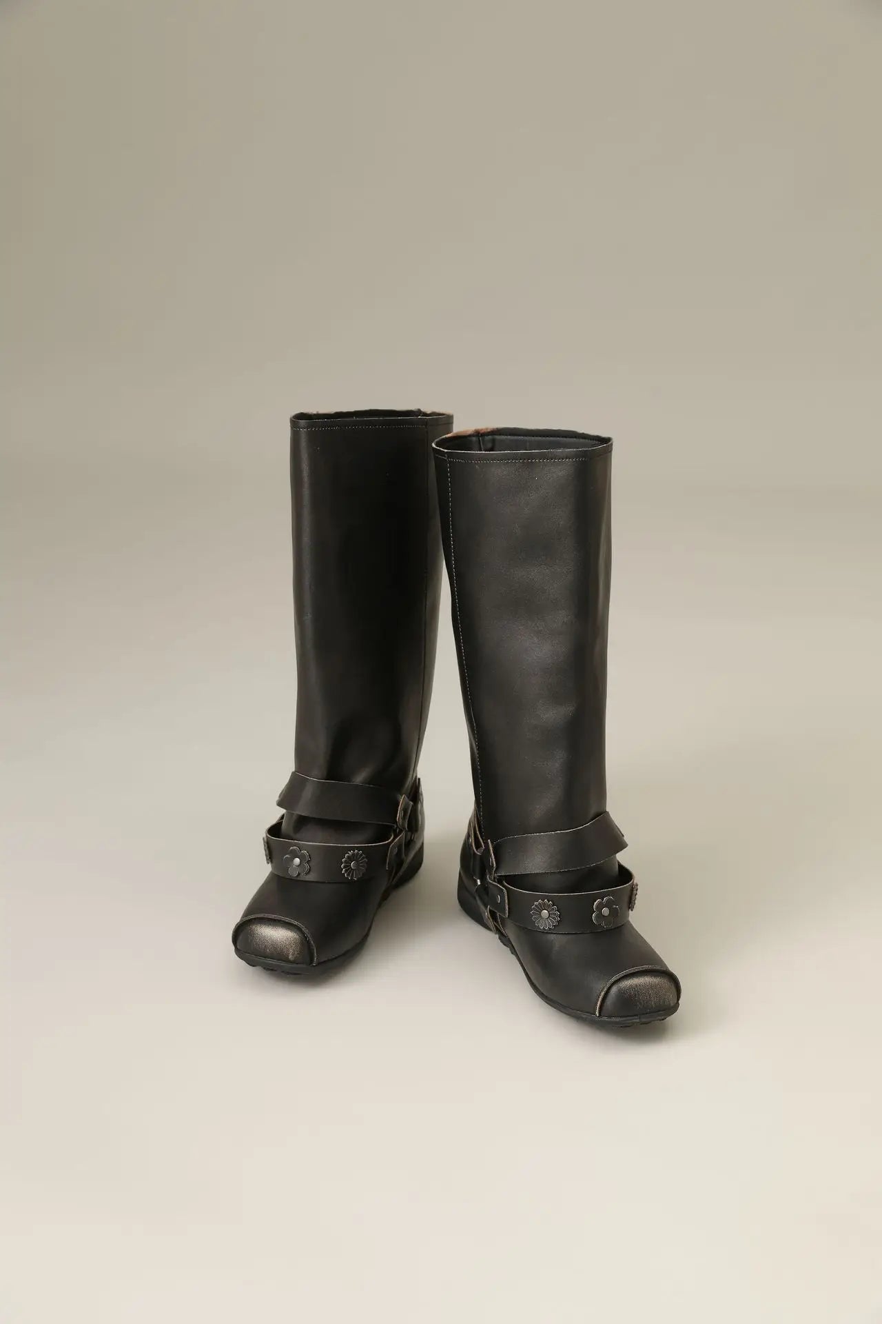 Retro Rivet Square Toe Women Boot Brand Design Korean Belt Buckle Mid - calf Boot Design Flower Decoration Wide - tube Knight Boot - SN Wigs & More