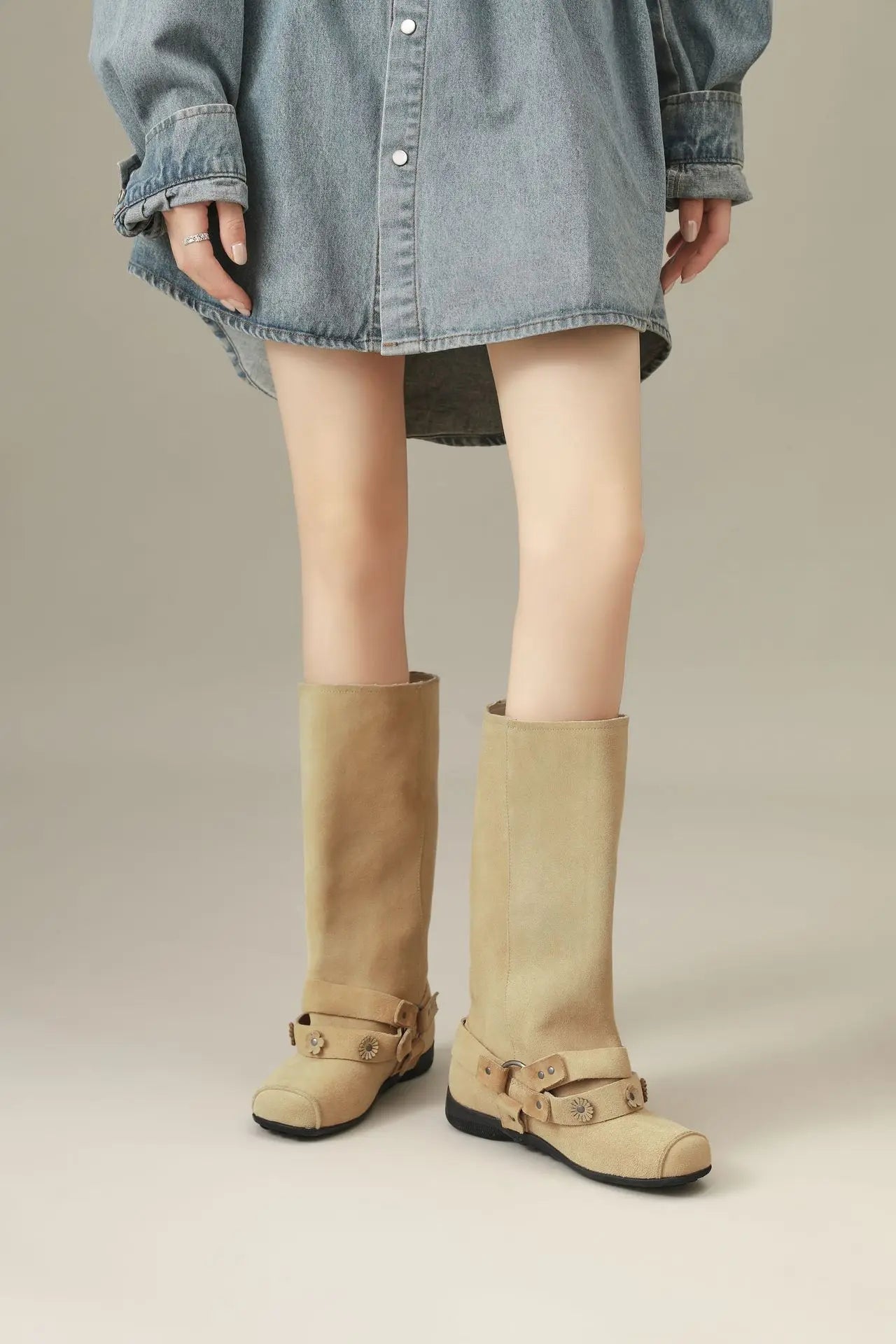 Retro Rivet Square Toe Women Boot Brand Design Korean Belt Buckle Mid - calf Boot Design Flower Decoration Wide - tube Knight Boot - SN Wigs & More