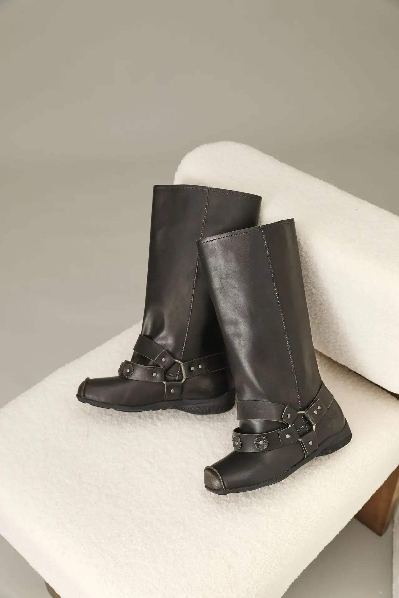 Retro Rivet Square Toe Women Boot Brand Design Korean Belt Buckle Mid - calf Boot Design Flower Decoration Wide - tube Knight Boot - SN Wigs & More