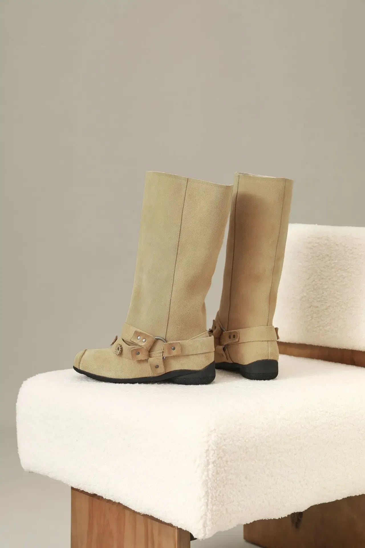 Retro Rivet Square Toe Women Boot Brand Design Korean Belt Buckle Mid - calf Boot Design Flower Decoration Wide - tube Knight Boot - SN Wigs & More