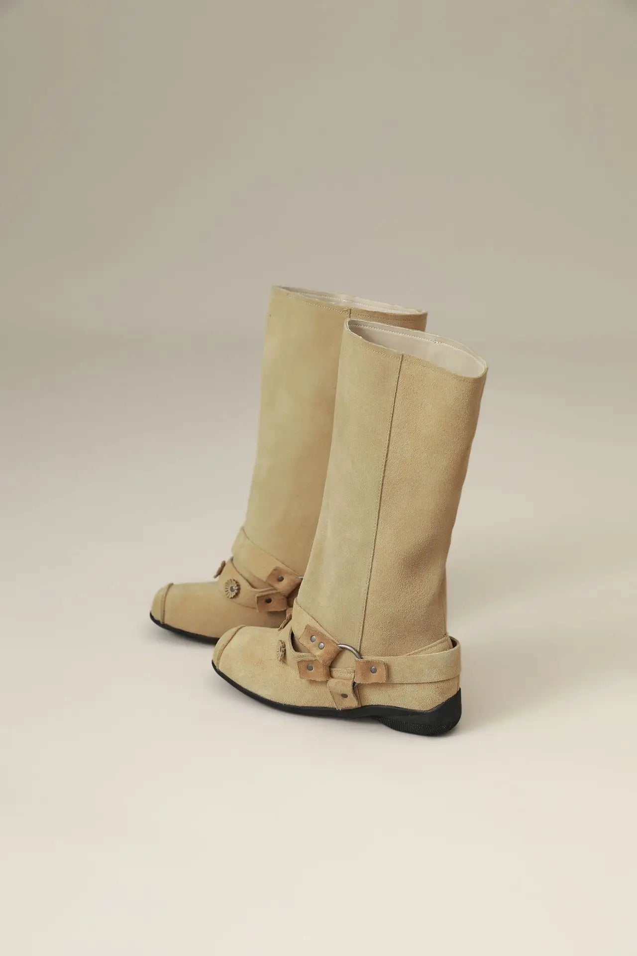 Retro Rivet Square Toe Women Boot Brand Design Korean Belt Buckle Mid - calf Boot Design Flower Decoration Wide - tube Knight Boot - SN Wigs & More