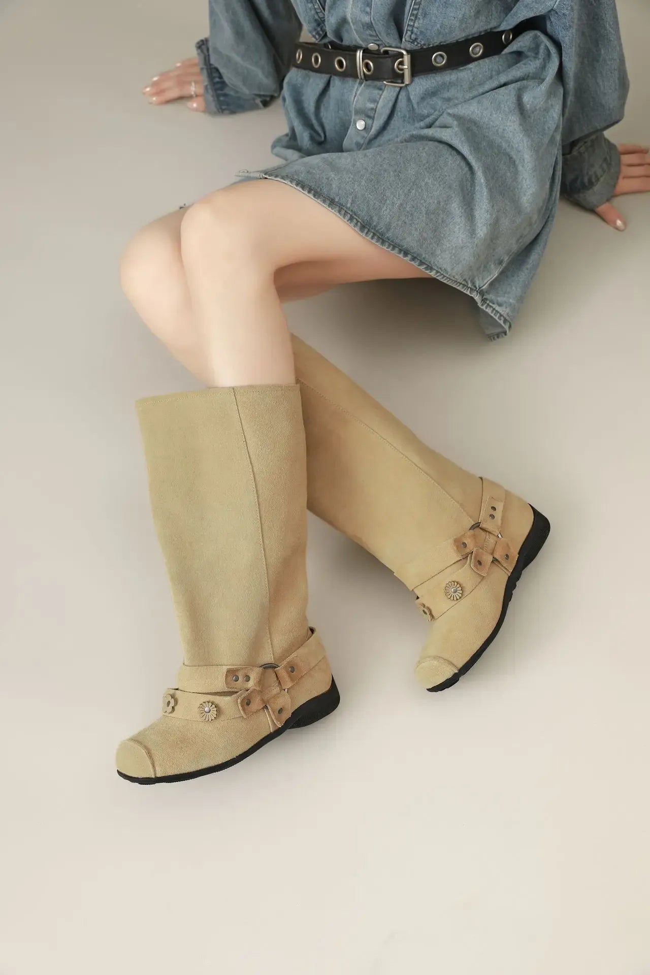 Retro Rivet Square Toe Women Boot Brand Design Korean Belt Buckle Mid - calf Boot Design Flower Decoration Wide - tube Knight Boot - SN Wigs & More