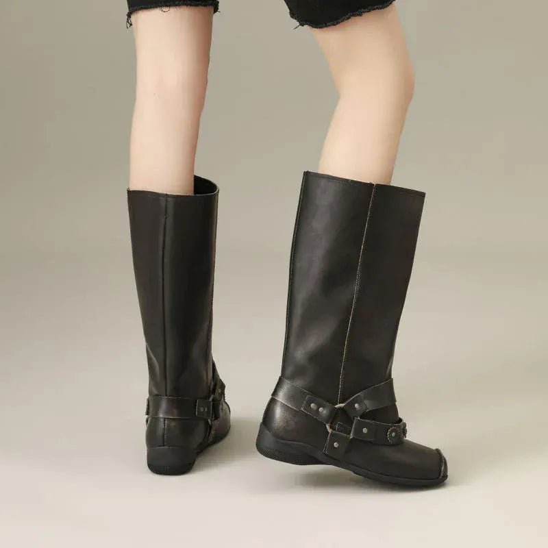 Retro Rivet Square Toe Women Boot Brand Design Korean Belt Buckle Mid - calf Boot Design Flower Decoration Wide - tube Knight Boot - SN Wigs & More