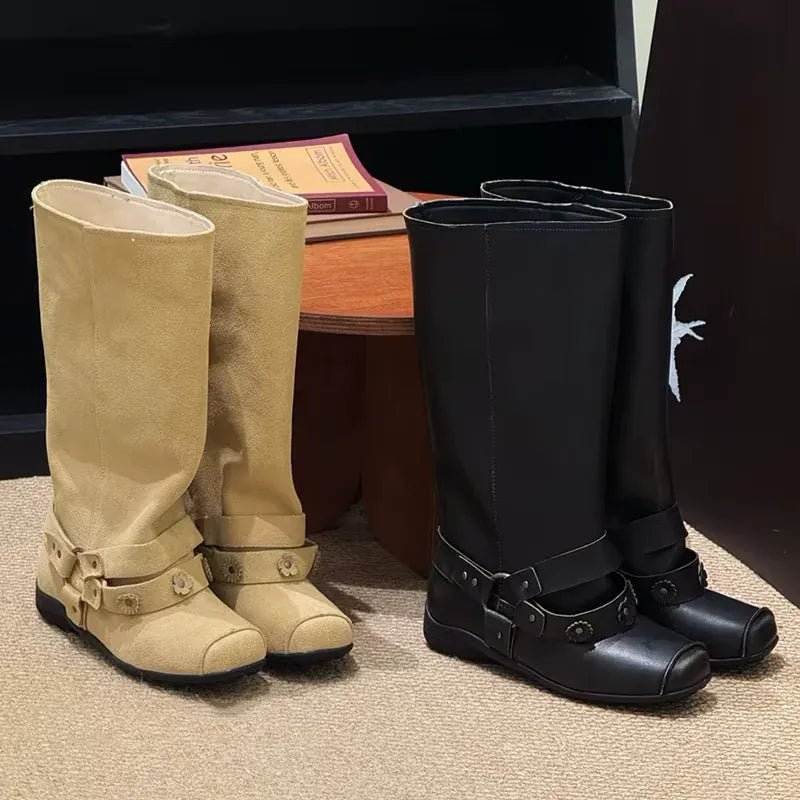 Retro Rivet Square Toe Women Boot Brand Design Korean Belt Buckle Mid - calf Boot Design Flower Decoration Wide - tube Knight Boot - SN Wigs & More