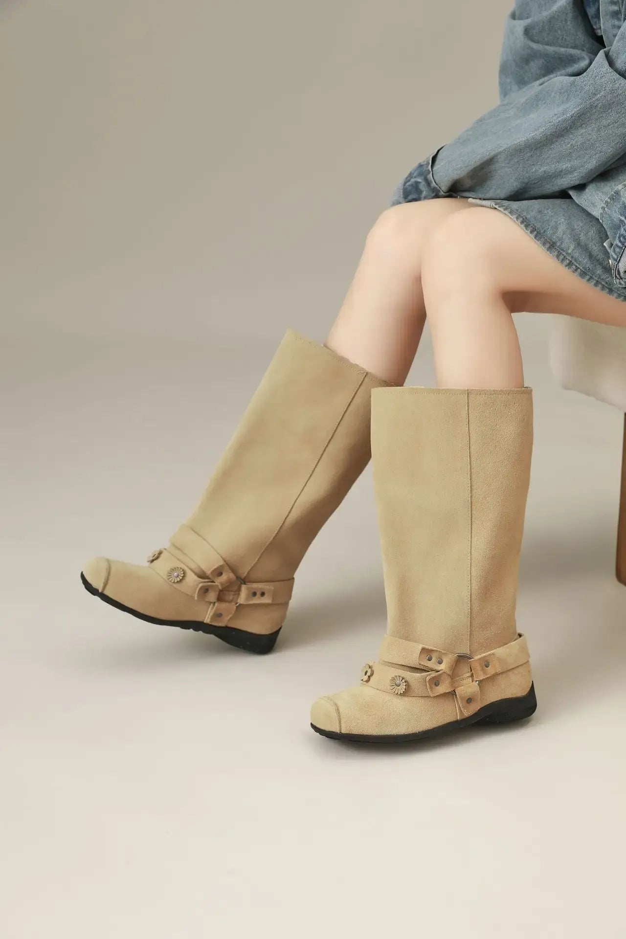 Retro Rivet Square Toe Women Boot Brand Design Korean Belt Buckle Mid - calf Boot Design Flower Decoration Wide - tube Knight Boot - SN Wigs & More
