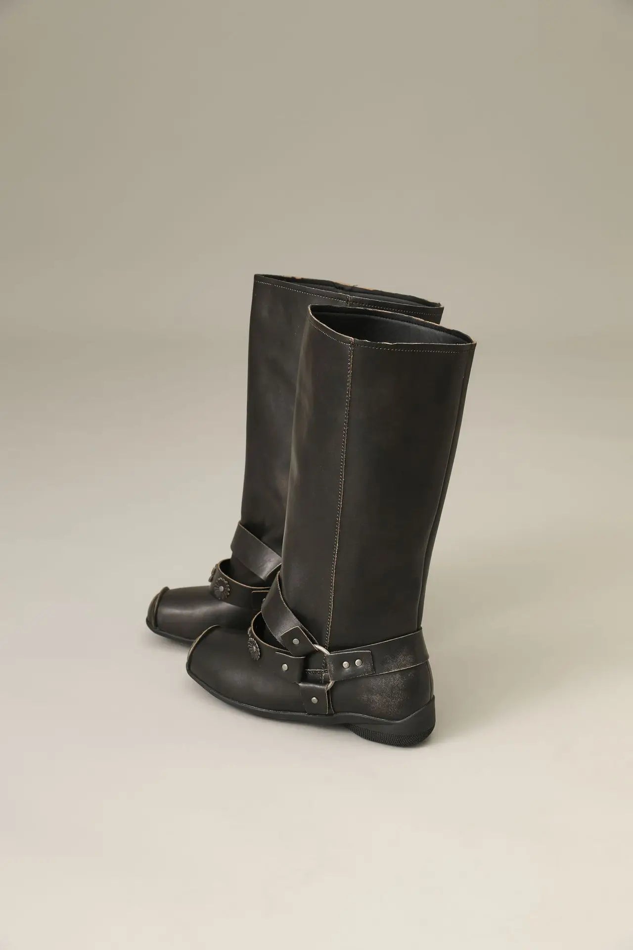 Retro Rivet Square Toe Women Boot Brand Design Korean Belt Buckle Mid - calf Boot Design Flower Decoration Wide - tube Knight Boot - SN Wigs & More