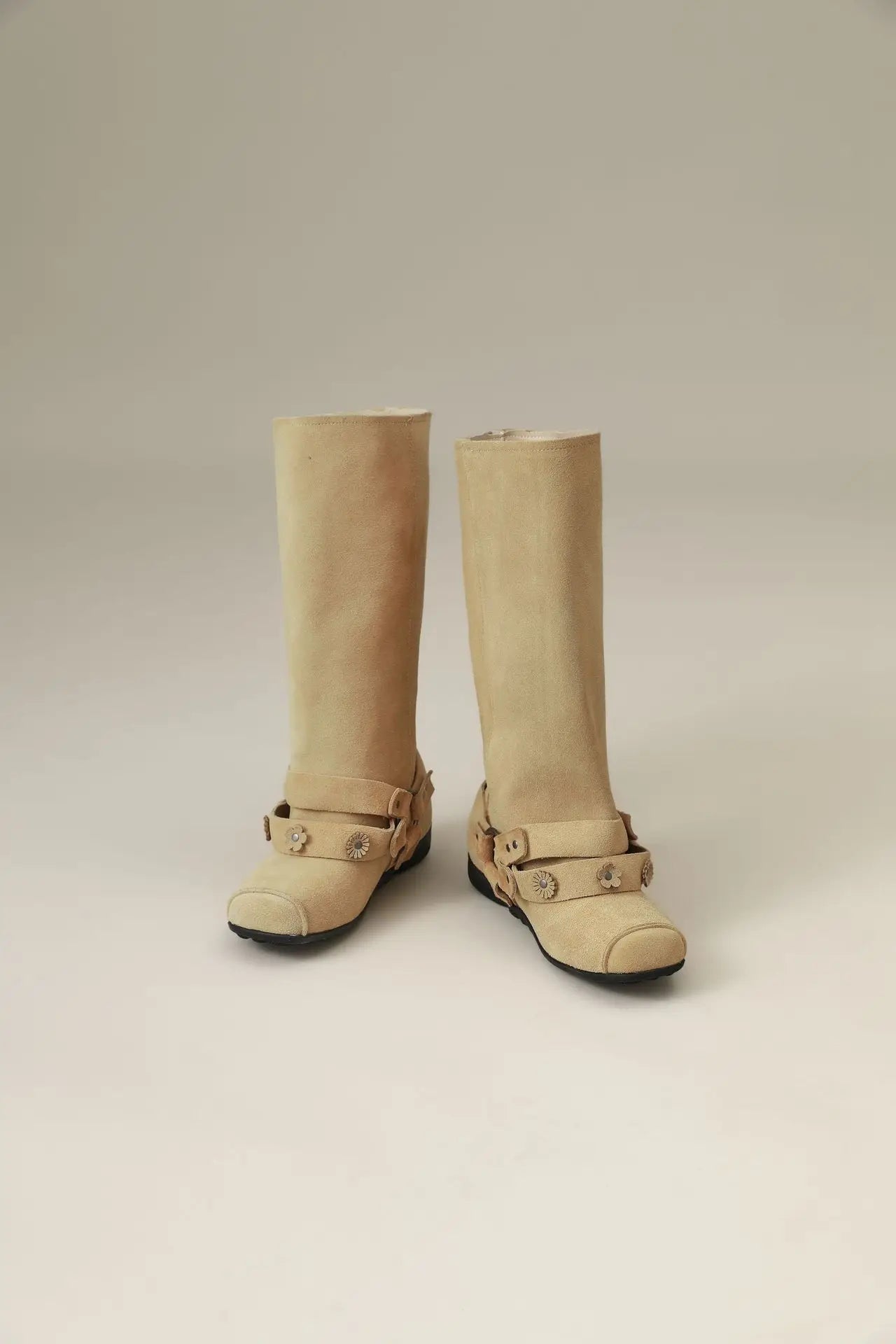 Retro Rivet Square Toe Women Boot Brand Design Korean Belt Buckle Mid - calf Boot Design Flower Decoration Wide - tube Knight Boot - SN Wigs & More