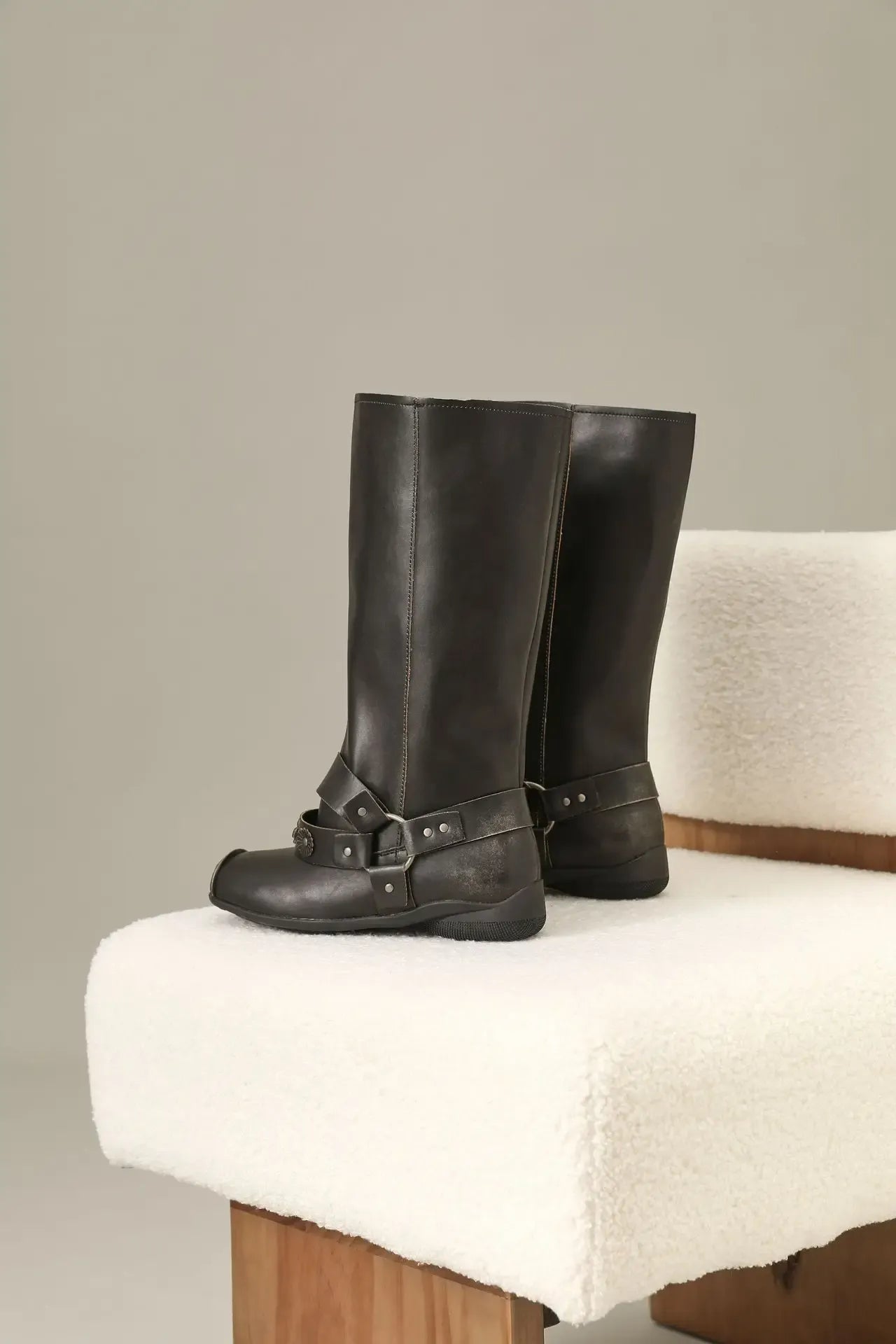 Retro Rivet Square Toe Women Boot Brand Design Korean Belt Buckle Mid - calf Boot Design Flower Decoration Wide - tube Knight Boot - SN Wigs & More