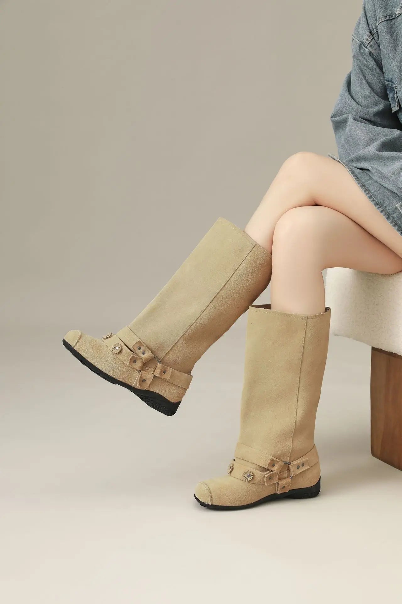 Retro Rivet Square Toe Women Boot Brand Design Korean Belt Buckle Mid - calf Boot Design Flower Decoration Wide - tube Knight Boot - SN Wigs & More