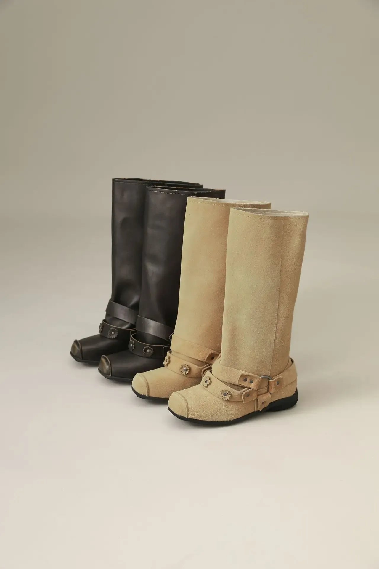 Retro Rivet Square Toe Women Boot Brand Design Korean Belt Buckle Mid - calf Boot Design Flower Decoration Wide - tube Knight Boot - SN Wigs & More